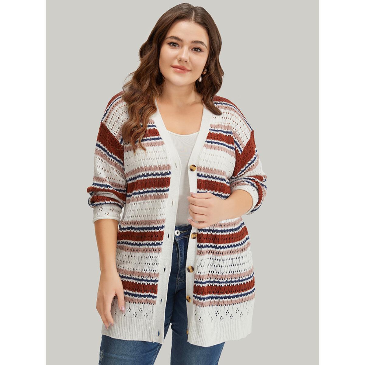 Plus Size Striped Contrast Pointelle Knit Button Through Cardigan Multicolor Women Casual Loose Long Sleeve Dailywear Cardigans BloomChic 14-16/1X Product Image