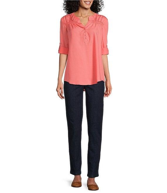 Intro Petite Size Lyocell Slub Long Roll-Tab Sleeve Shirred Popover Top Product Image