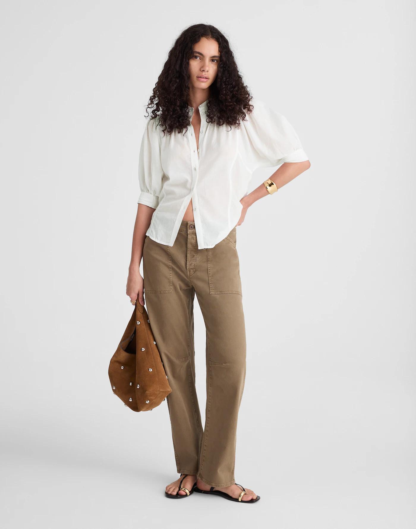 Puff-Sleeve Band-Collar Shirt Product Image