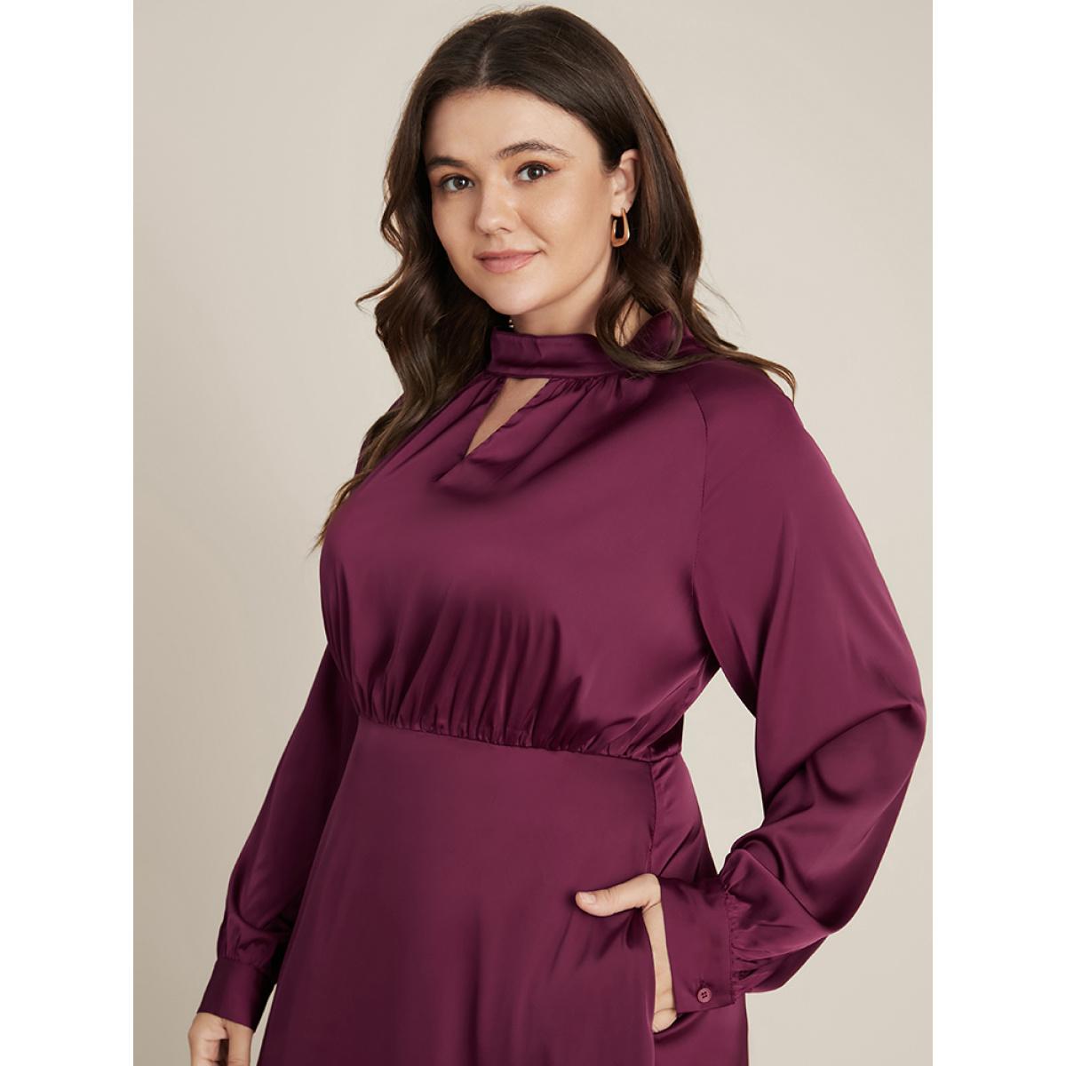 Plus Size Solid Pocket Keyhole Mock Neck Satin Midi Dress RedViolet Women Party Pocket Mock Neck Long Sleeve Curvy Midi Dress BloomChic 10/M Product Image