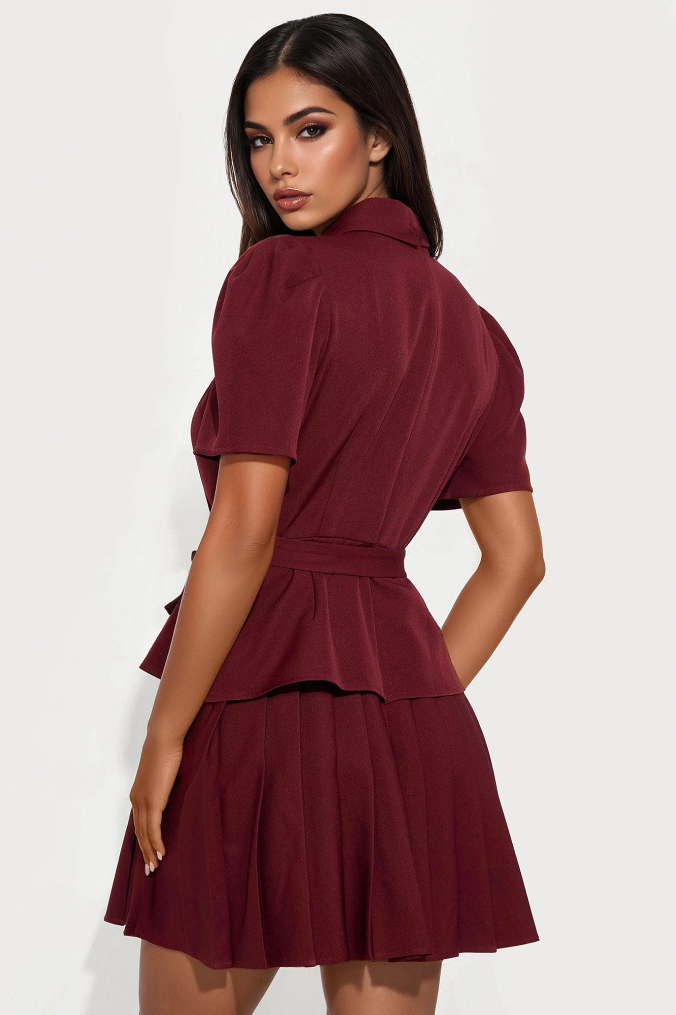 Nadia Belted Pleated Mini Dress - Wine Female Product Image