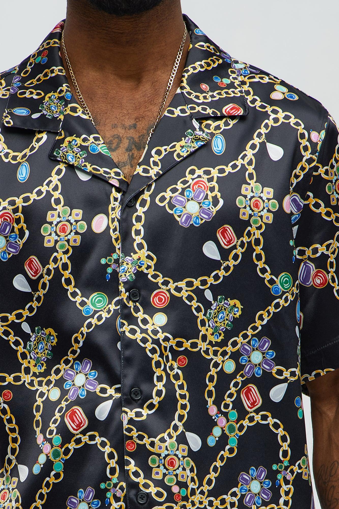 Tidal Jewel Printed Cuban Collar Button Up Shirt - Black/combo Product Image