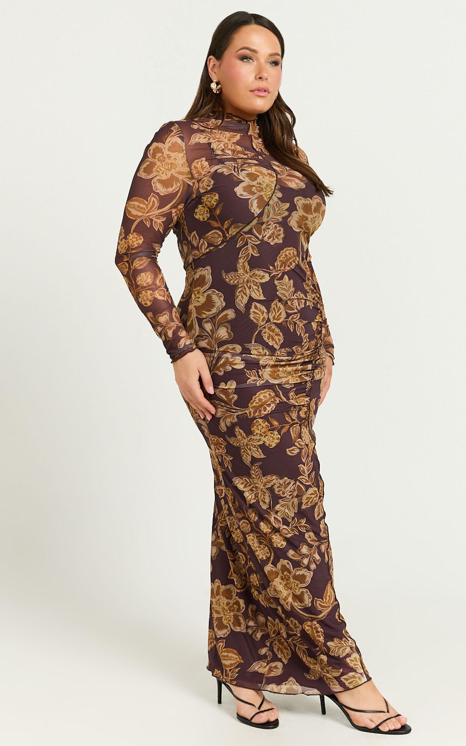 Vivian Midi Dress - High Neck Long Sleeve Mesh Dress in Amber Bloom Print Product Image