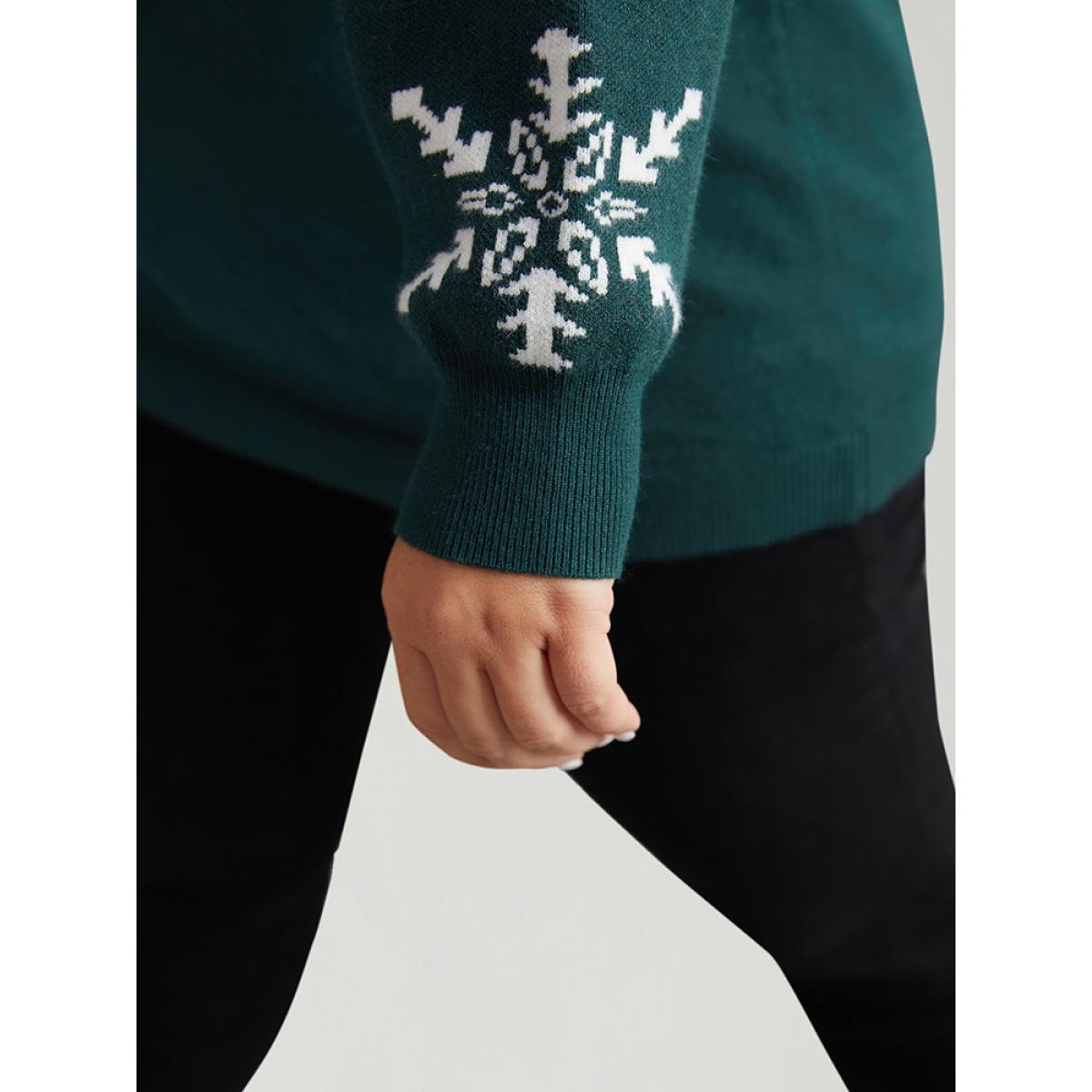 Plus Size Supersoft Essentials Snowflake Print V Neck Pullover DarkGreen Women Casual Loose Long Sleeve V-neck Festival-Christmas Pullovers BloomChic 12/L Product Image