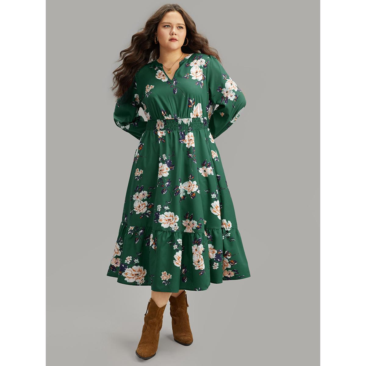 Plus Size Floral Print Notched Shirred Elastic Cuffs Dress DarkGreen Women Elegant Elastic cuffs Notched collar Long Sleeve Curvy Midi Dress BloomChic 26/4X Product Image