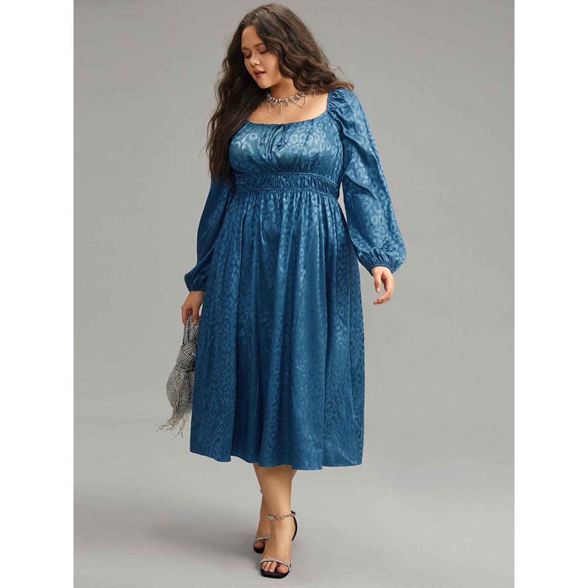Plus Size Leopard Print Square Neck Shirred Gathered Dress Aegean Women Party Elastic cuffs Square Neck Long Sleeve Curvy Midi Dress BloomChic 22-24/3X Product Image