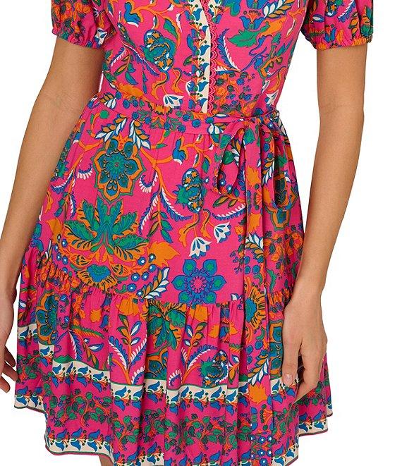 Adrianna by Adrianna Papell V-Neck Short Sleeve Printed Flounce Hem Shift Dress Product Image