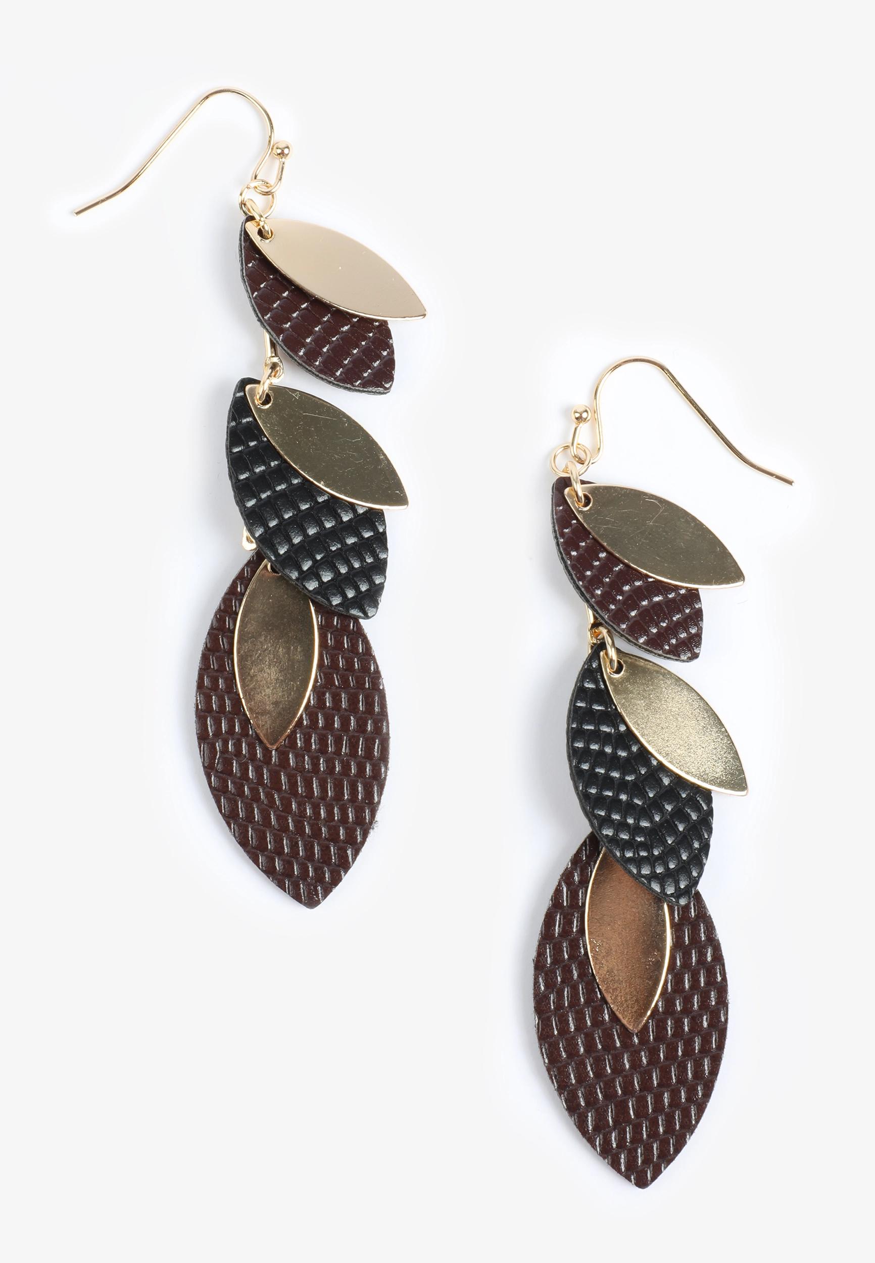 Faux Leather Black And Brown Leaf Linear Drop Earrings Product Image