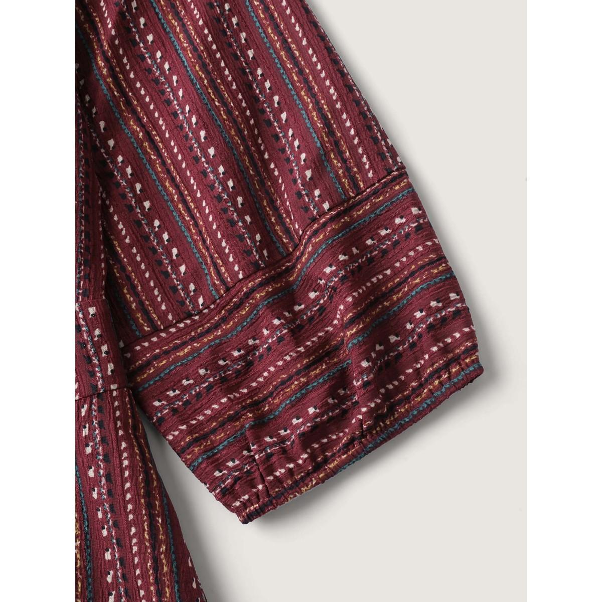 Plus Size Fall Stripes Cinched-Waist Tie Midi Dress Burgundy Women Boho Tie knot Square Neck Elbow-length sleeve Curvy BloomChic 12/L Product Image