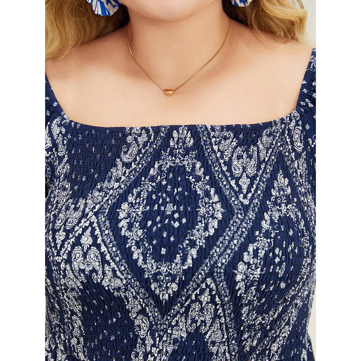 Plus Size Paisley & Moroccan Print Pocket Shirred Square Neck Split Dress DarkBlue Women Vacation Slit One-shoulder neck Short sleeve Curvy Midi Dress BloomChic 30/6X Product Image