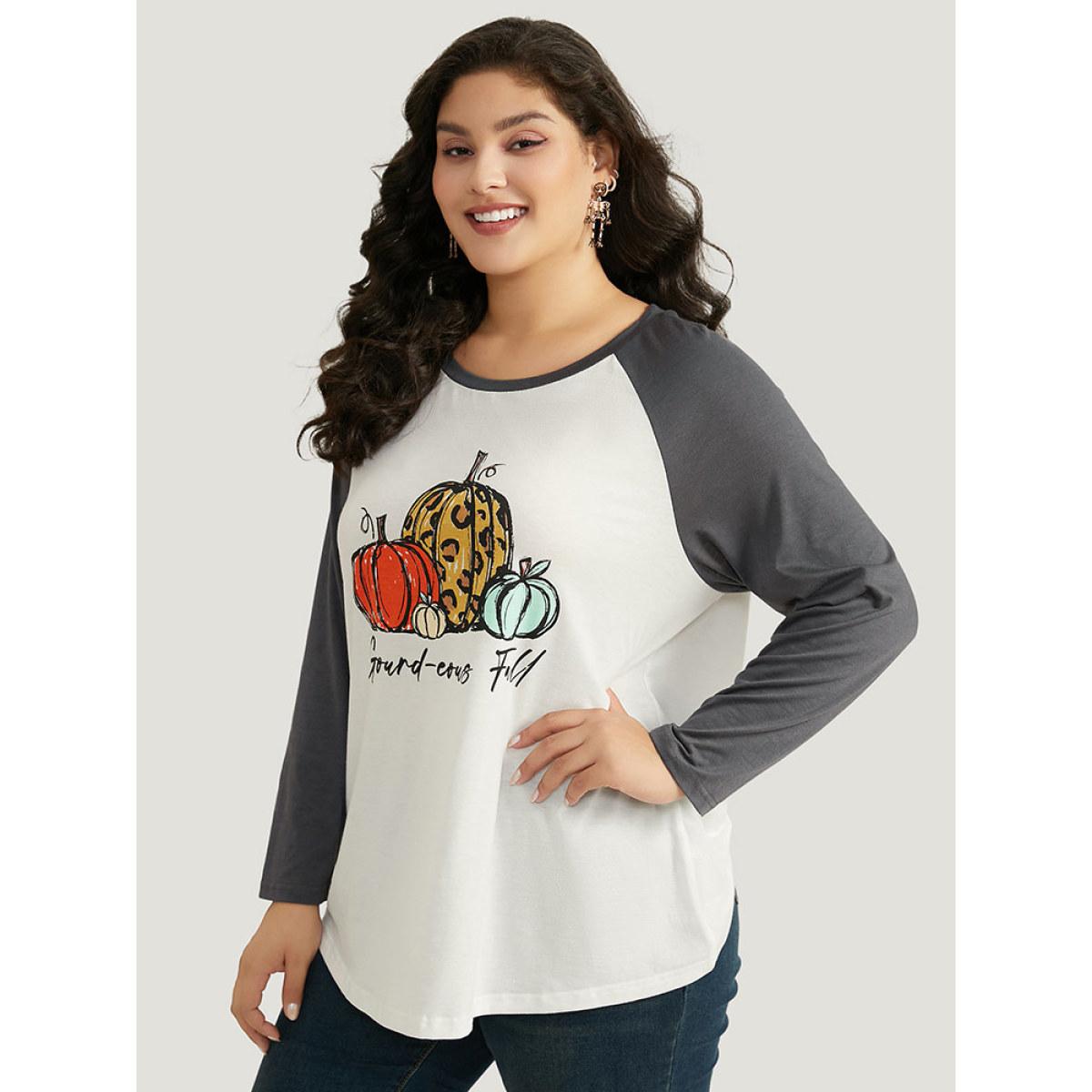 Plus Size Halloween Pumpkin & Letter Print Raglan Sleeve T-shirt White Women Casual Contrast Halloween Festival-Halloween T-shirts BloomChic 12/L Product Image