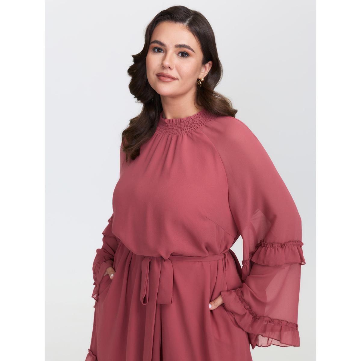 Plus Size Sheer Ruffled Gathered Neck Belted Midi Dress Rouge Women Timeless Stand-up collar Long Sleeve Curvy BloomChic 26/4X Product Image