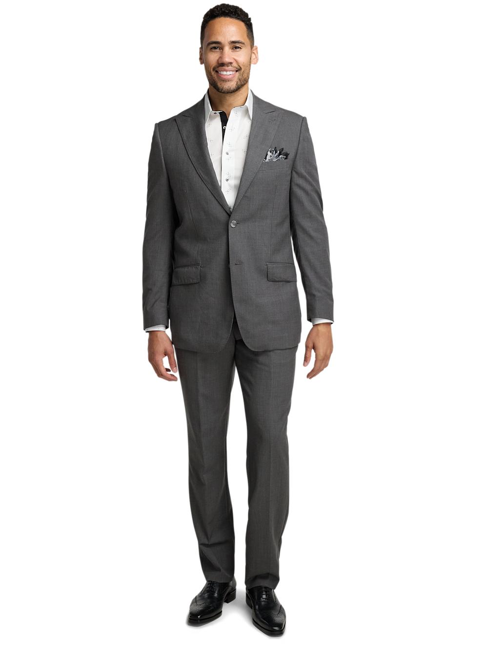 Wool Stretch Bengaline Single Breasted Peak Lapel Suit - Grey Product Image