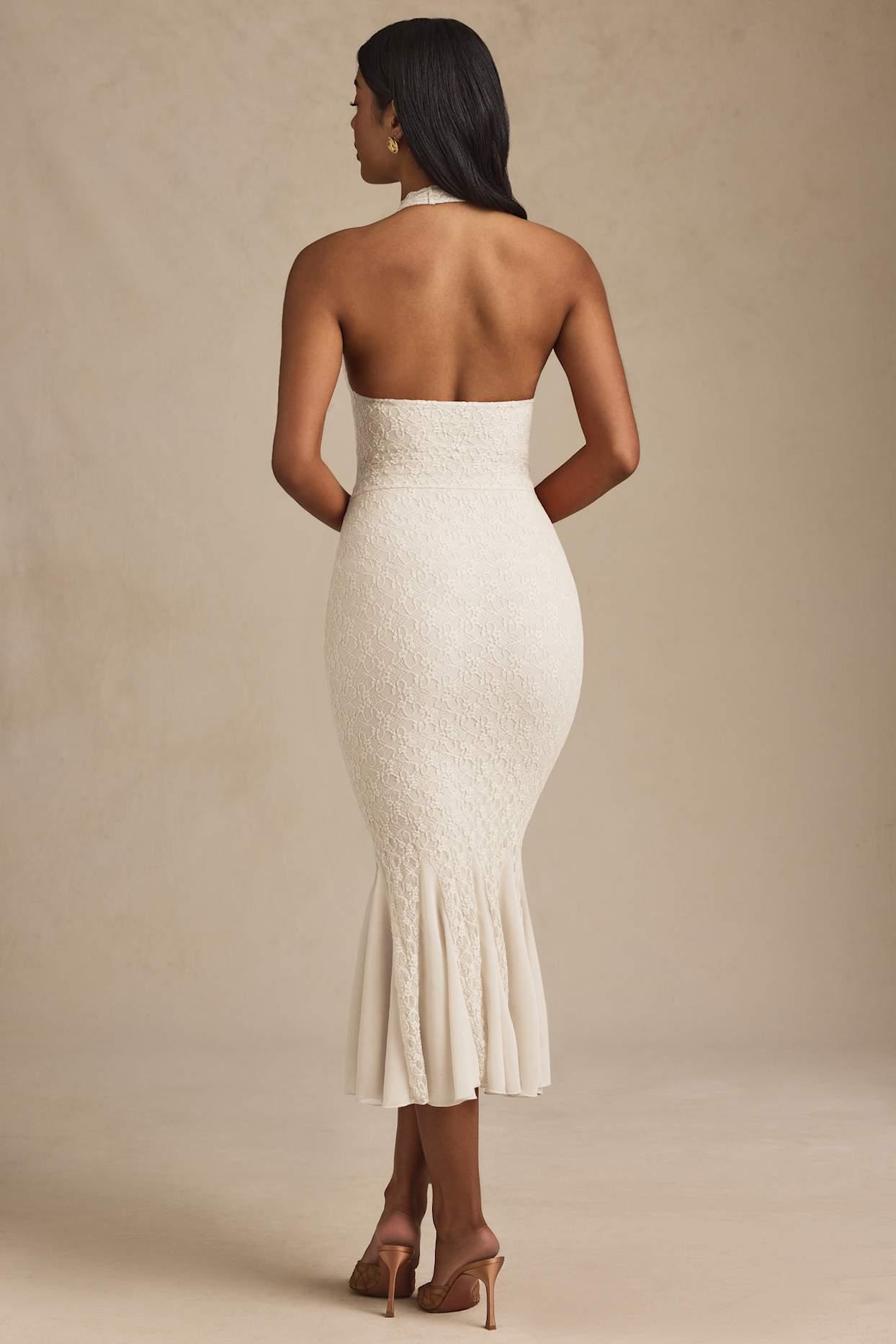 Halterneck Corset Lace Midaxi Dress in Ivory Product Image