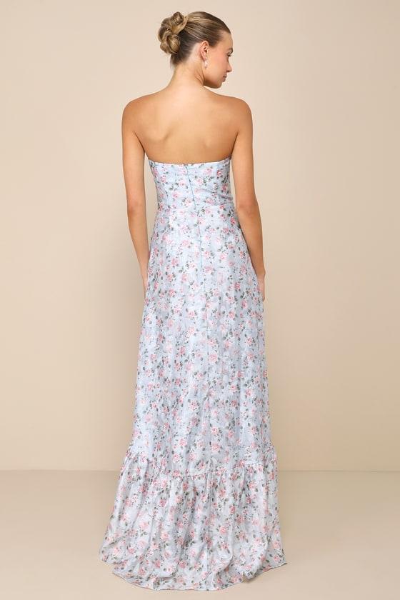 Gorgeous Desire Light Blue Floral Strapless High-Low Maxi Dress Product Image