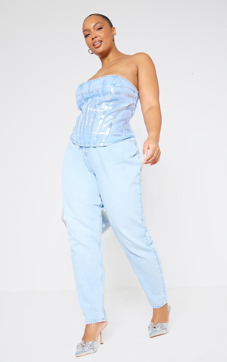 Plus Silver Washed Foil Denim Corset Product Image