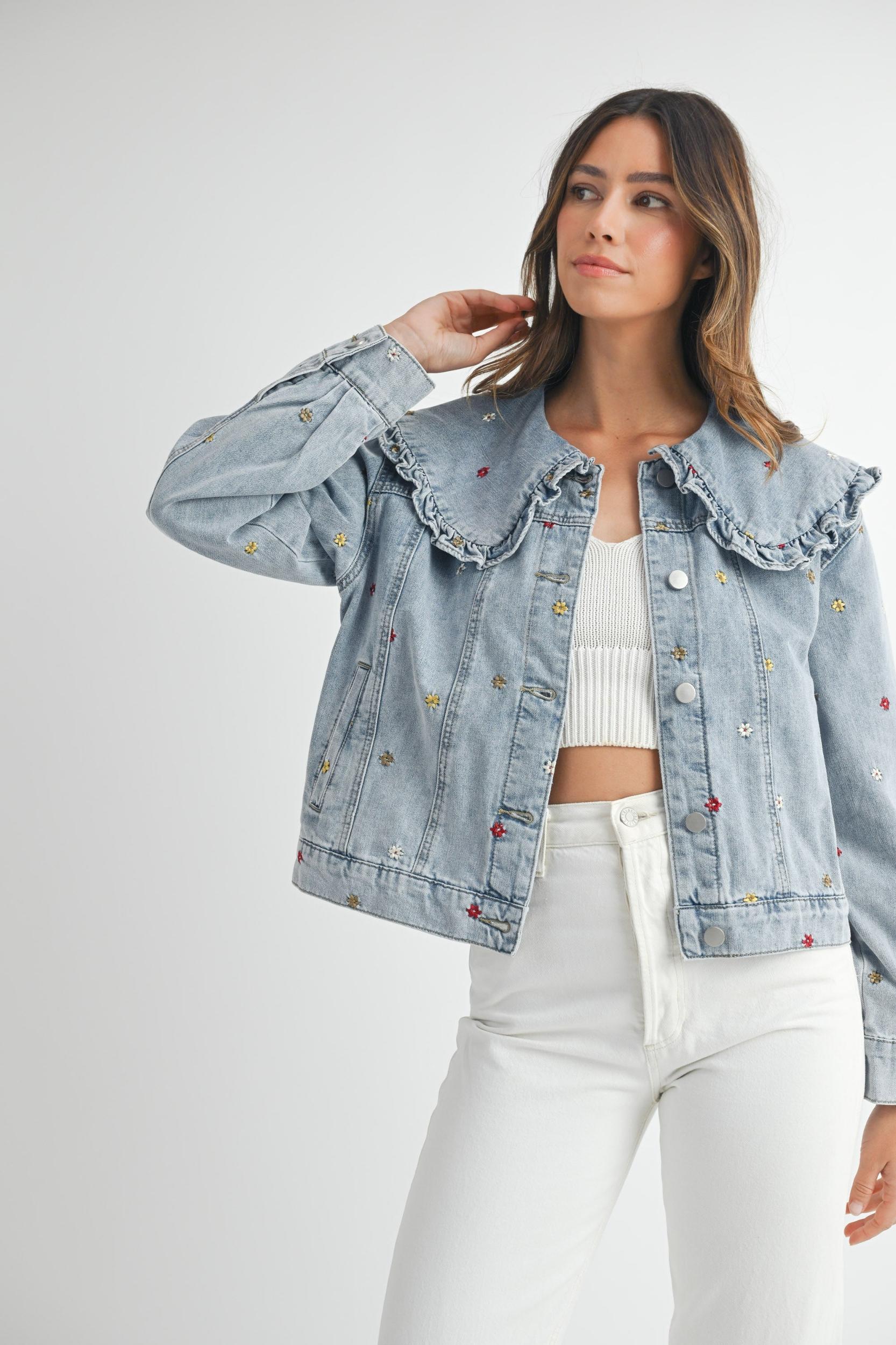 Peter Pan Collar Embroidered Denim Jacket Product Image