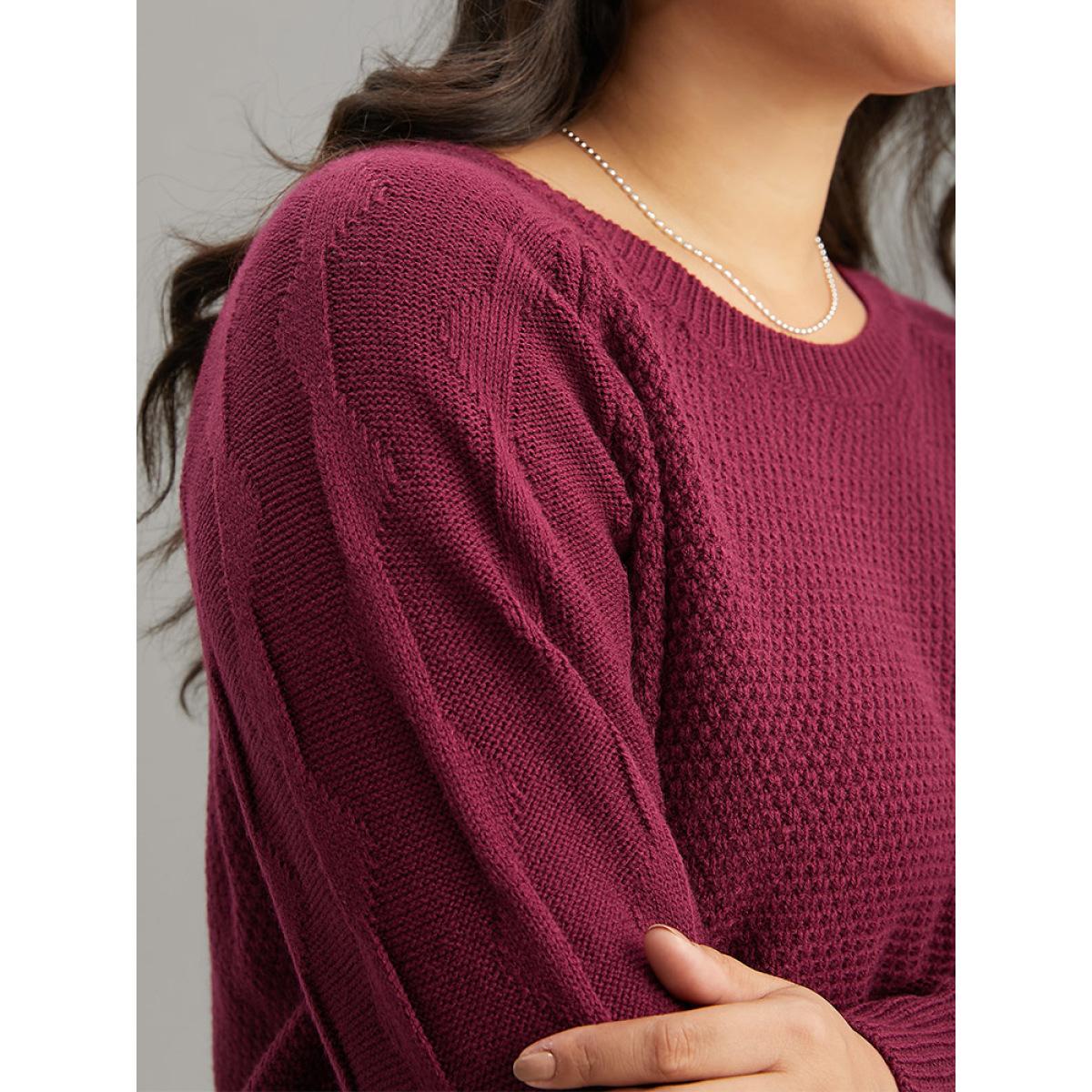 Plus Size Plain Texture Knit Raglan Sleeve Pullover Burgundy Women Casual Loose Long Sleeve Round Neck Dailywear Pullovers BloomChic 26/4X Product Image