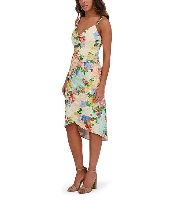 SIENA Floral Print Cowl Neck Sleeveless Chain Straps Tulip Hem Sheath Dress Product Image