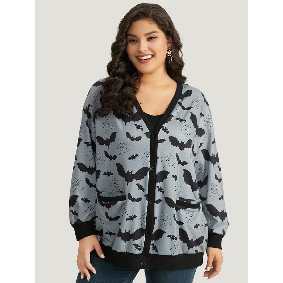 Plus Size Halloween Bat Print Pocket Button Up Rib Knit Coat Women DarkGray Casual Elastic cuffs Ladies Dailywear Winter Coats BloomChic 26/4X Product Image