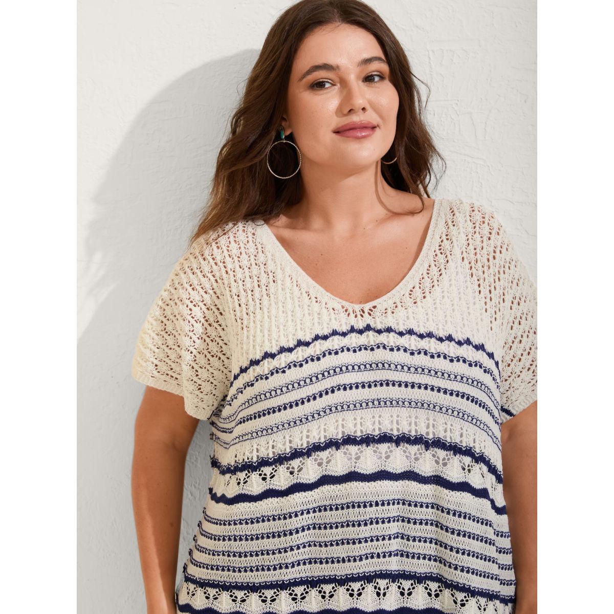Plus Size Stripes Crochet V-Neck Swim Cover-Up Women's Swimwear Indigo Resort Loose Texture Curve Swim Cover Ups BloomChic 18-20/2X Product Image