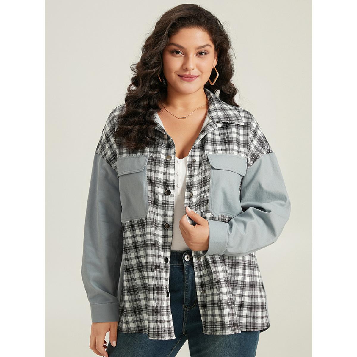Plus Size Plaid Pocket Patchwork Contrast Coat Women LightBlue Casual Contrast Ladies Everyday Winter Coats BloomChic 14-16/1X Product Image