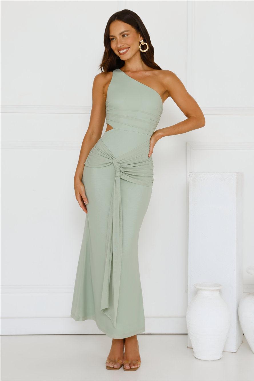 Style Capital One Shoulder Mesh Maxi Dress Sage Product Image