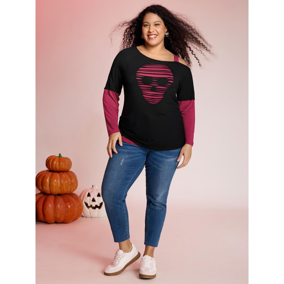 Plus Size 2-in-1 Supersoft Spooky Skull Print T-Shirt Burgundy Women Leisure Halloween Asymmetrical Neck Bodycon Casual T-shirts BloomChic 14-16/1X Product Image