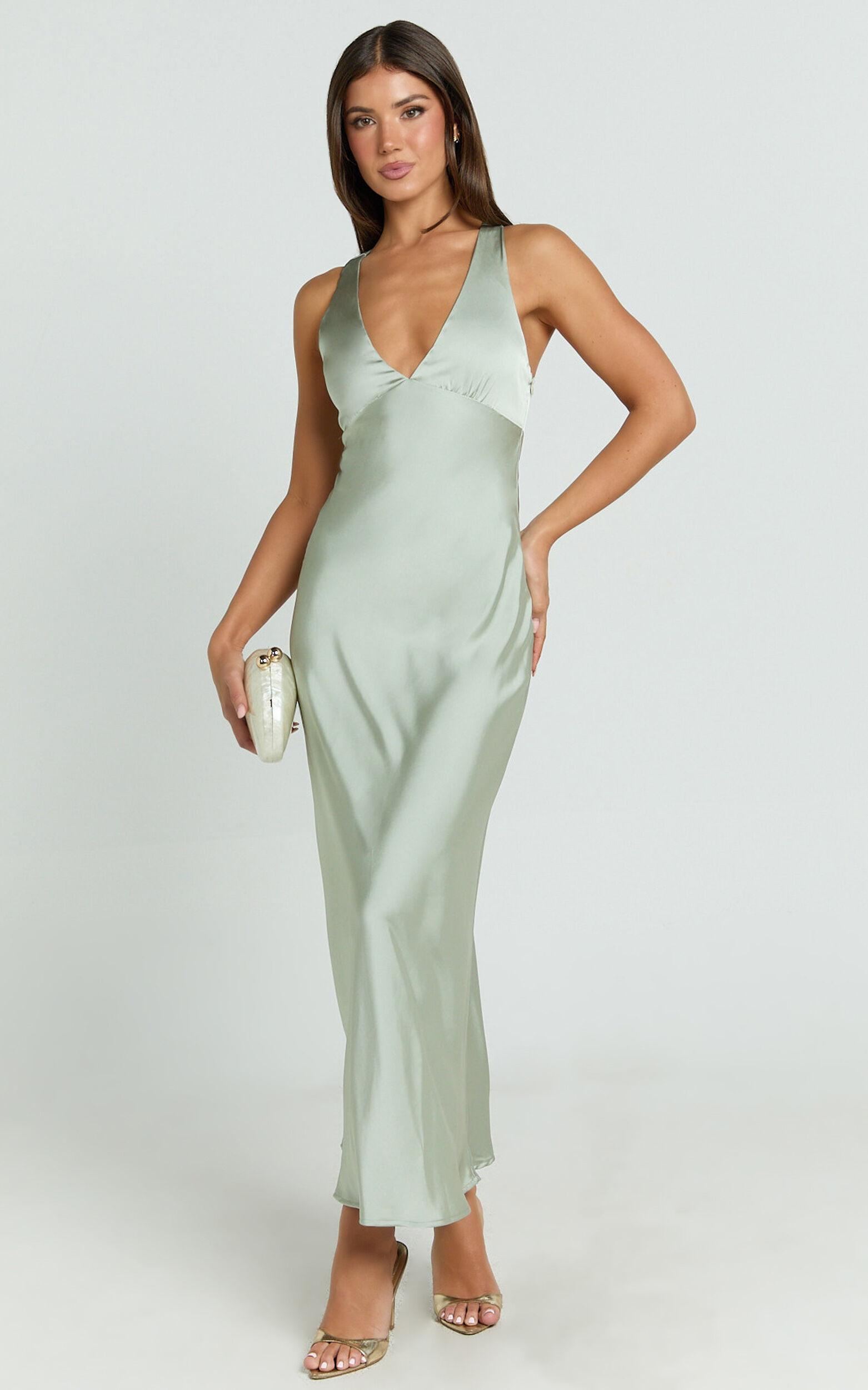 Khalani Midi Dress - Deep V Neck Satin Slip Dress in Sage Product Image
