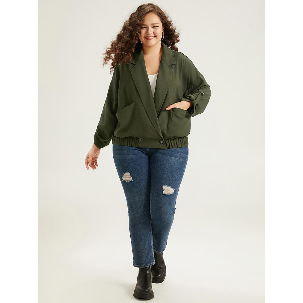 Plus Size Lapel Collar Solid Gathered Tab Sleeve Jacket Women ArmyGreen Plain Pocket Dailywear Jackets BloomChic 12/L Product Image