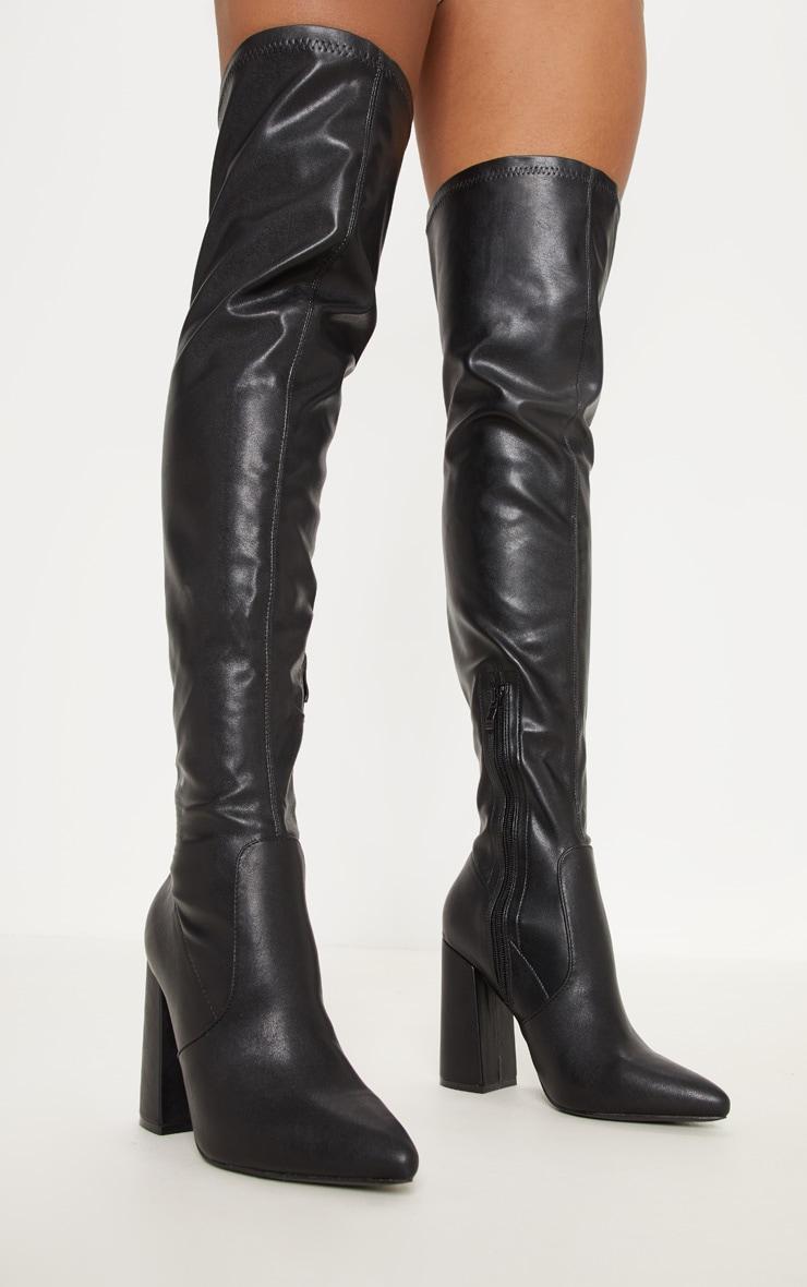 Black Block Heel PU Thigh High Boot Product Image