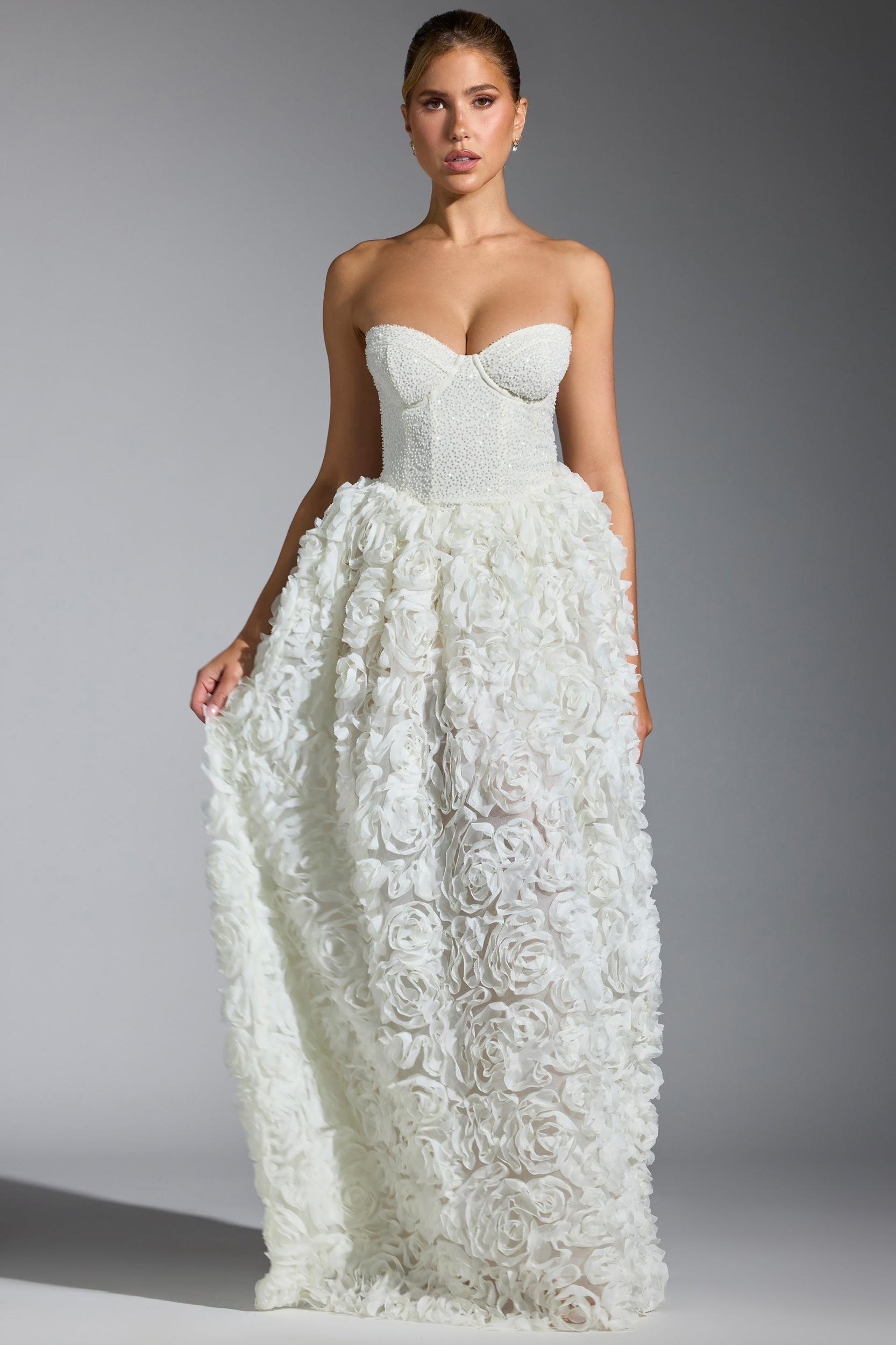 Embellished Floral-Appliqué Corset Gown in White Product Image
