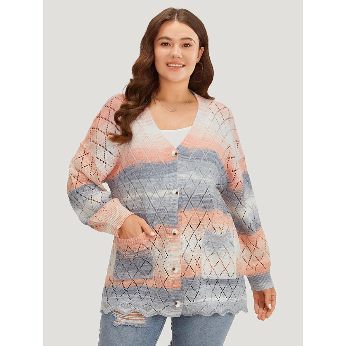 Plus Size Ombre Pocket Scalloped Trim Button Down Cardigan Coral Women Casual Loose Long Sleeve Dailywear Cardigans BloomChic 12/L Product Image