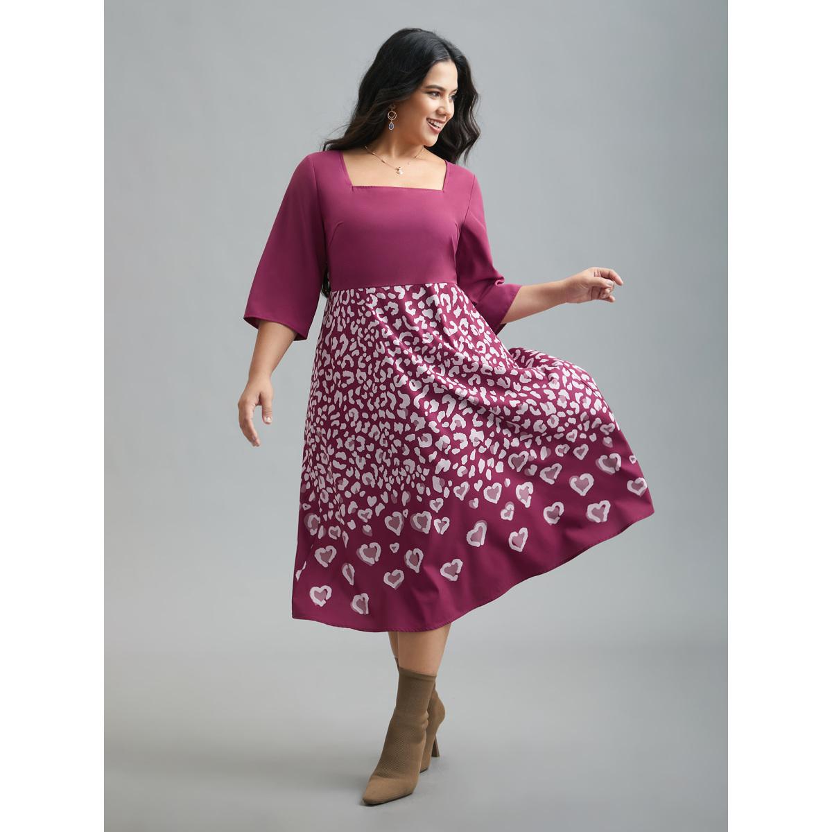 Plus Size Square Neck Contrast Boho Print Midi Dress Deeppurplered Women Elegant Patchwork Square Neck Elbow-length sleeve Curvy BloomChic 22-24/3X Product Image