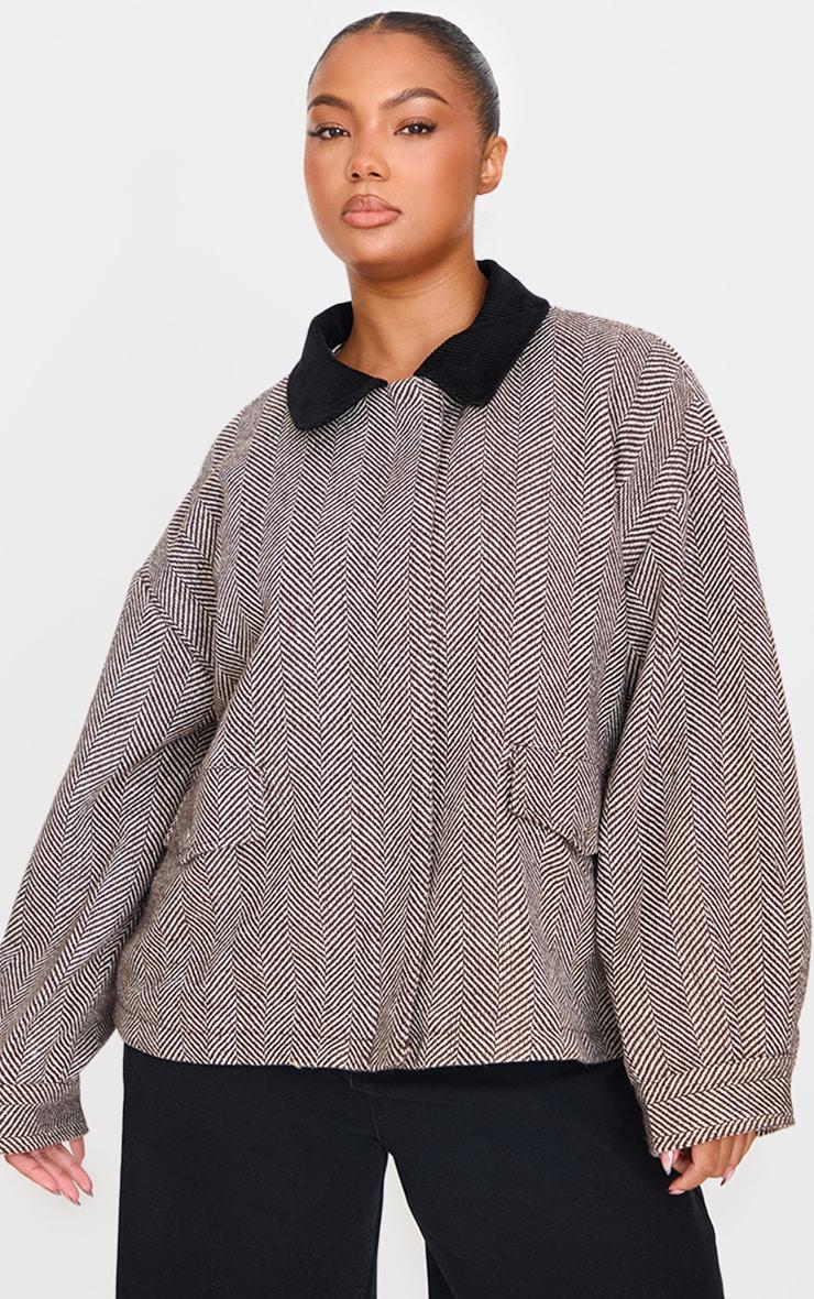 Plus Monochrome Herringbone Contrast Collar Jacket Product Image