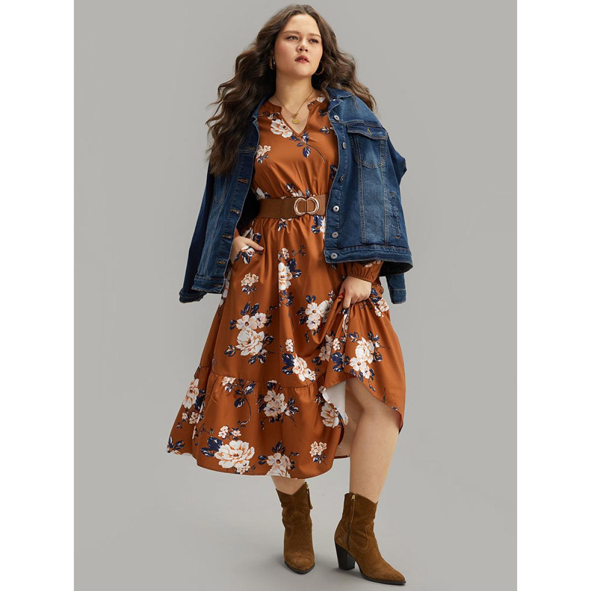 Plus Size Floral Print Notched Shirred Elastic Cuffs Dress Chocolate Women Elegant Elastic cuffs Notched collar Long Sleeve Curvy Midi Dress BloomChic 22-24/3X Product Image
