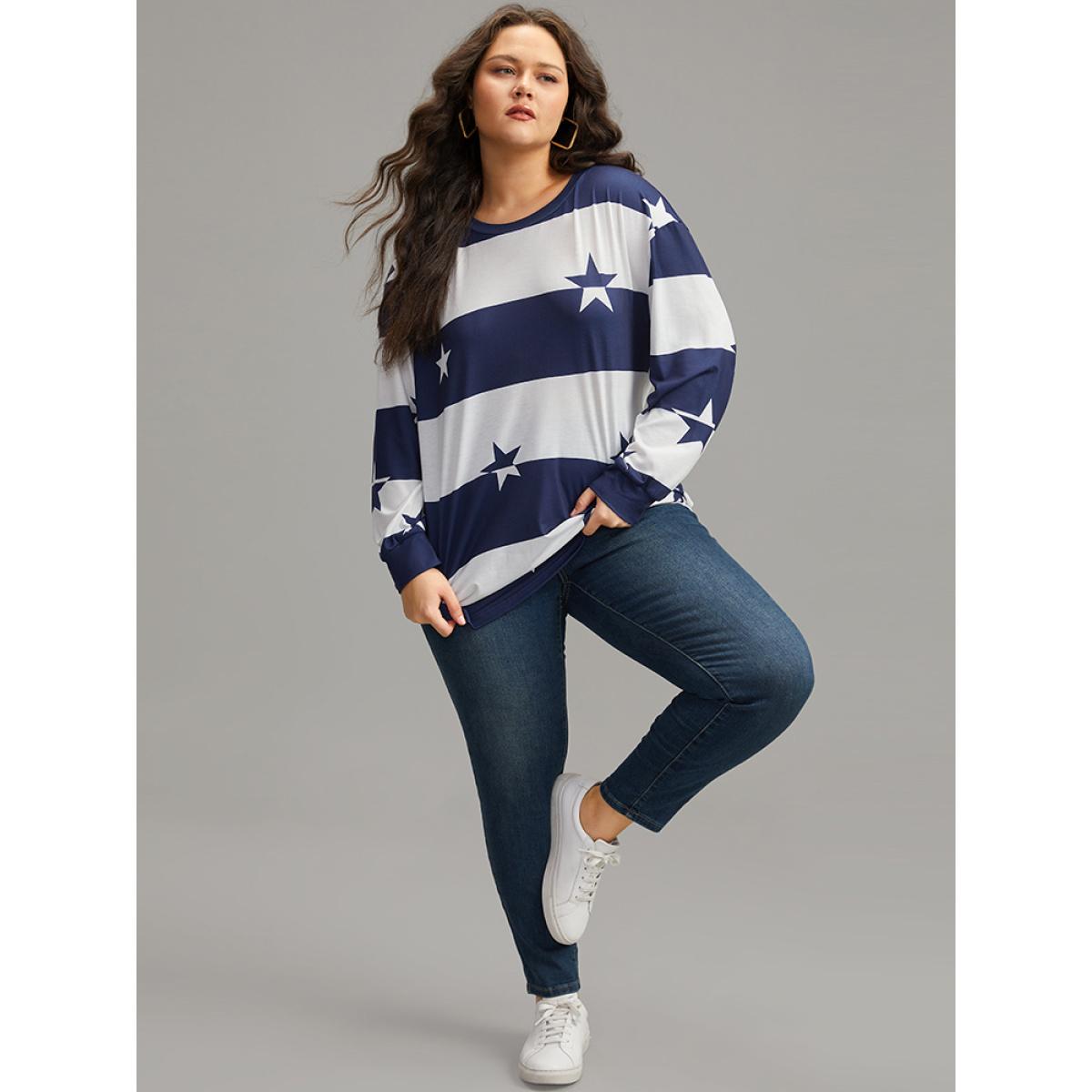 Plus Size Striped & Star Contrast Crew Neck T-shirt Blue Women Casual Contrast Moon and Star Round Neck Dailywear T-shirts BloomChic 10/M Product Image
