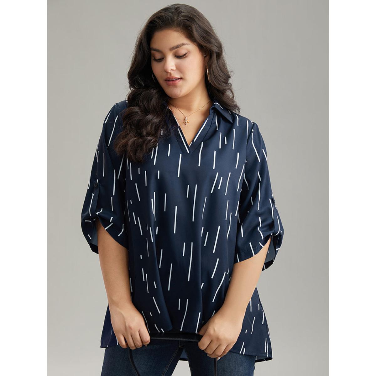 Plus Size Indigo Geometric Shirt Collar Roll Tab Sleeve Blouse Women Office Elbow-length sleeve Shirt collar Office Blouses BloomChic 14-16/1X Product Image