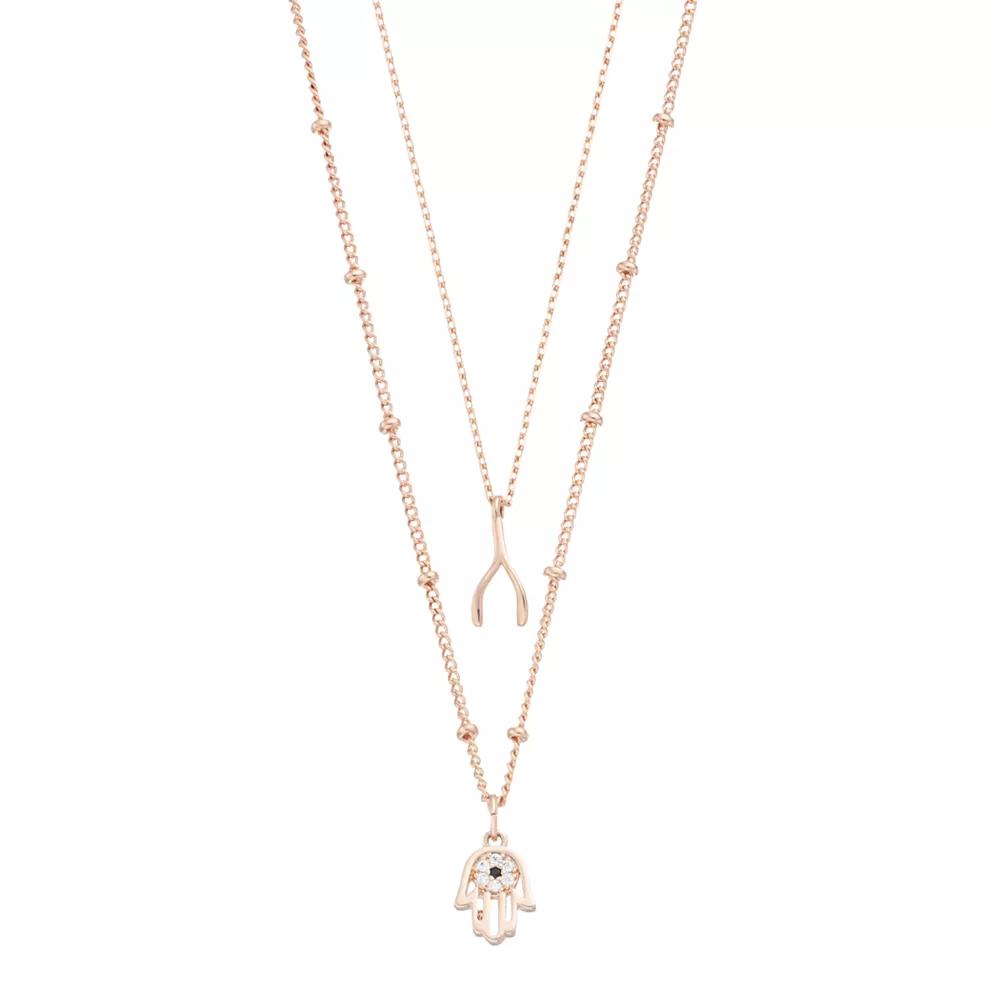 City Luxe 18k Rose Gold-Plated Cubic Zirconia Wishbone & Hamsa Duo Pendant Necklace Set, Women's, Rose Gold Tone Clear Product Image