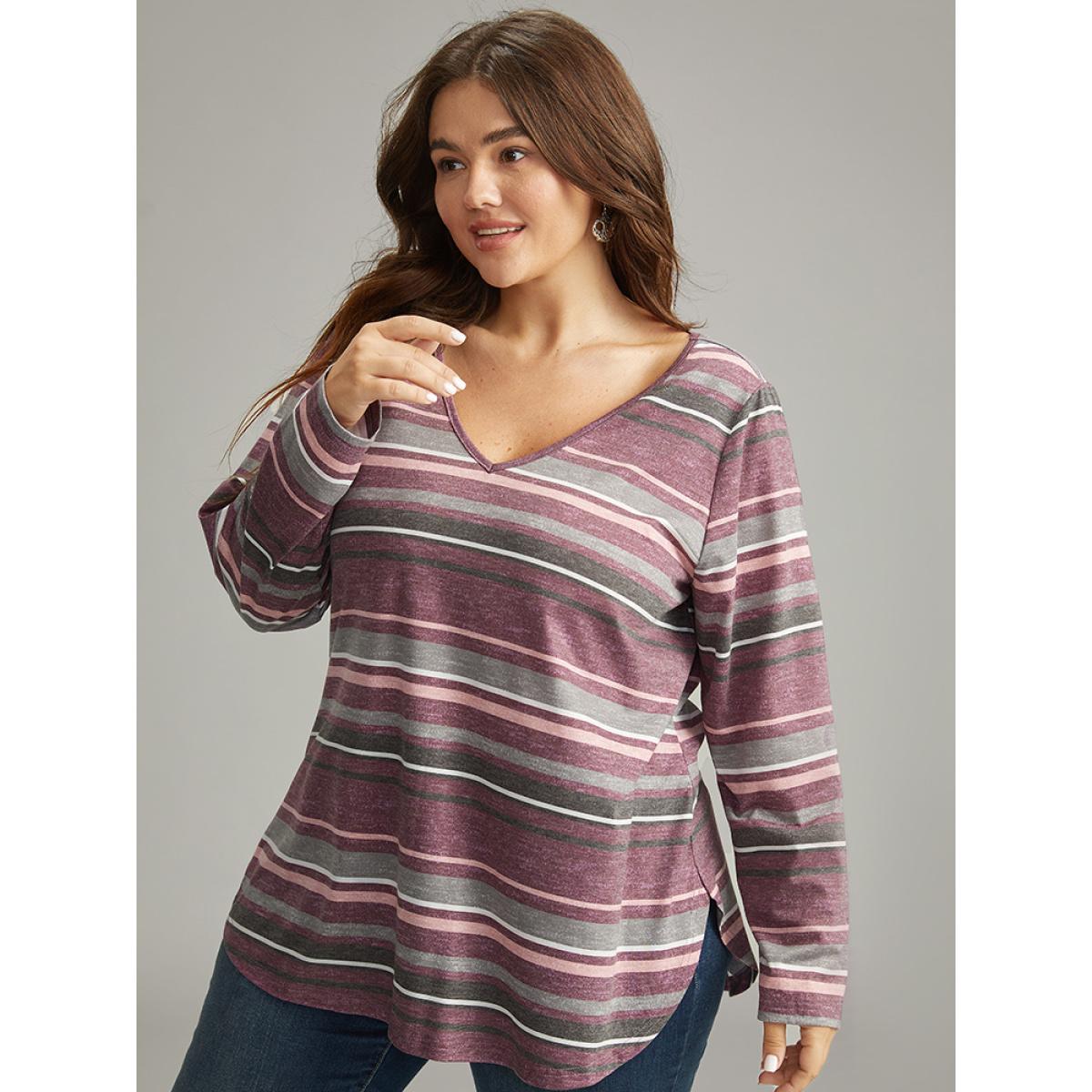 Plus Size Striped Contrast Heather Arc Hem T-shirt Multicolor Women Casual Heather Striped V-neck Everyday T-shirts BloomChic 14-16/1X Product Image