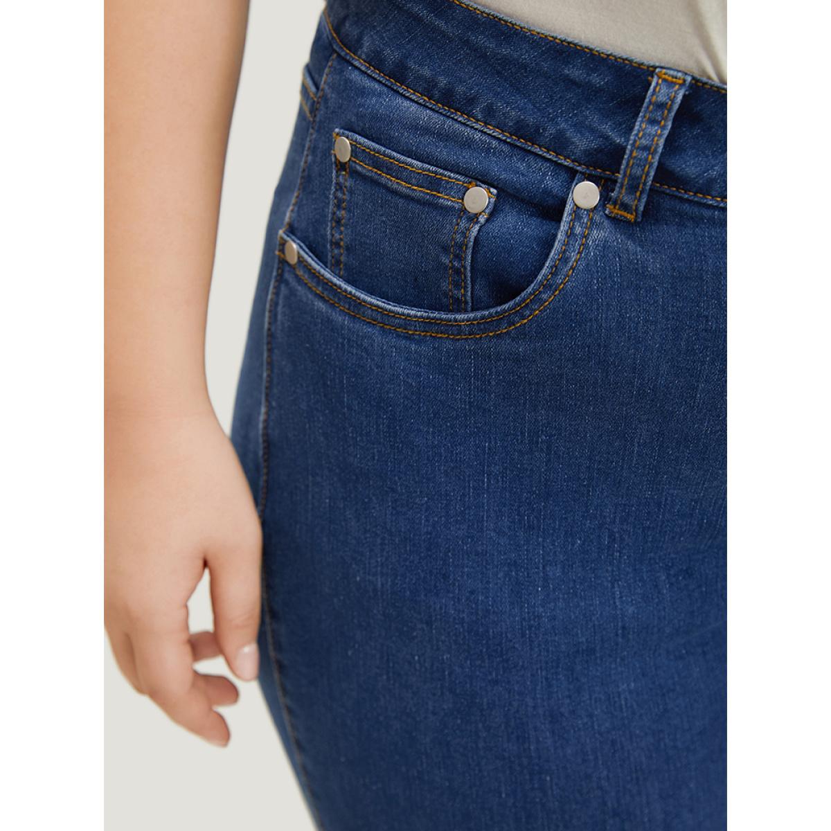 Plus Size Split Arc Hem Medium Wash Jeans Women Blue Casual Plain Arc Hem High stretch Pocket Jeans BloomChic 18/2X Product Image