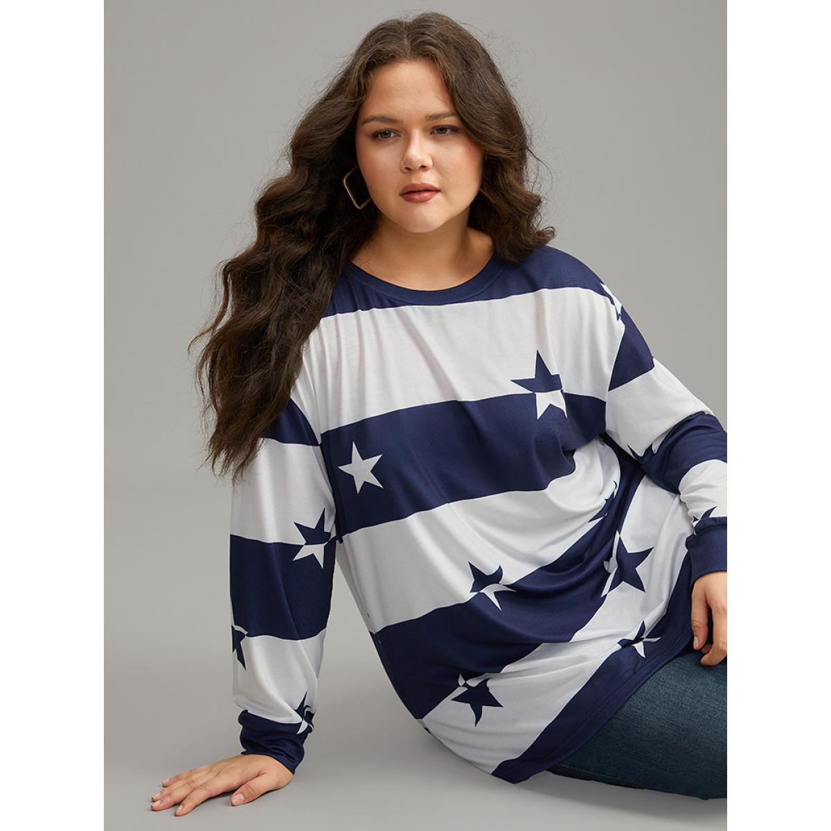 Plus Size Striped & Star Contrast Crew Neck T-shirt Blue Women Casual Contrast Moon and Star Round Neck Dailywear T-shirts BloomChic 10/M Product Image