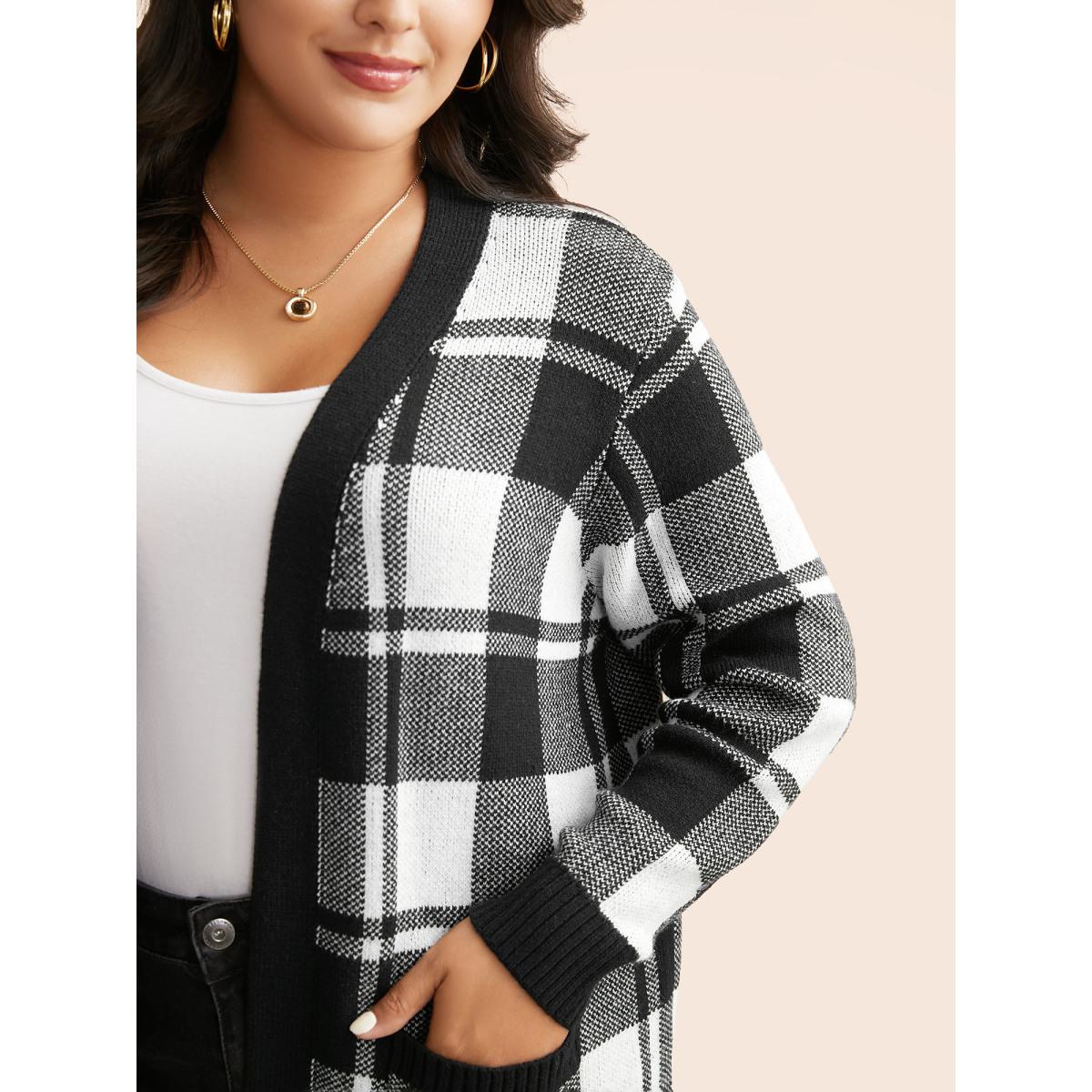 Plus Size Kimono Collar Plaid Slit Hem Cardigan Black Women Leisure Loose Long Sleeve Casual Cardigans BloomChic 10/M Product Image