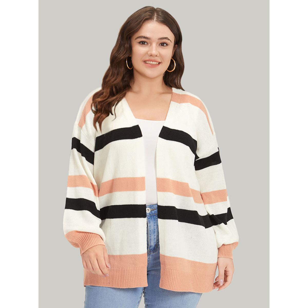 Plus Size Colorblock Contrast Elastic Cuffs Open Front Cardigan Multicolor Women Casual Loose Long Sleeve Dailywear Cardigans BloomChic 14-16/1X Product Image