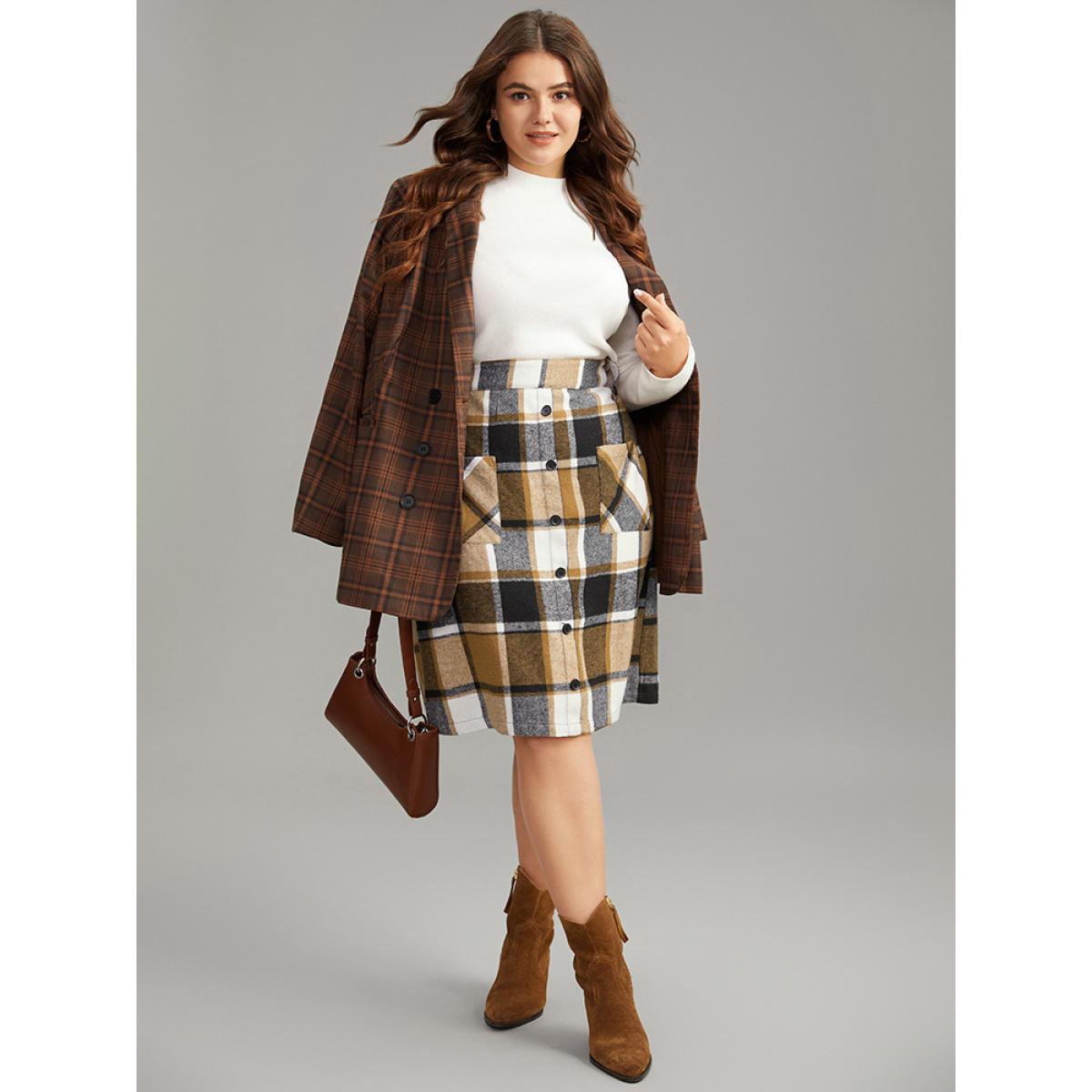 Plus Size Plaid Button Detail Patched Pocket Skirt Women Tan Office Elastic Waist Bodycon No stretch Pocket Office Skirts BloomChic 10/M Product Image