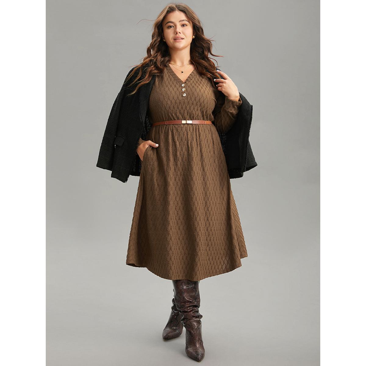 Plus Size Plain Texture Jacquard Button Detail Pocket Dress Chocolate Women Casual Texture V-neck Long Sleeve Curvy Midi Dress BloomChic 26/4X Product Image