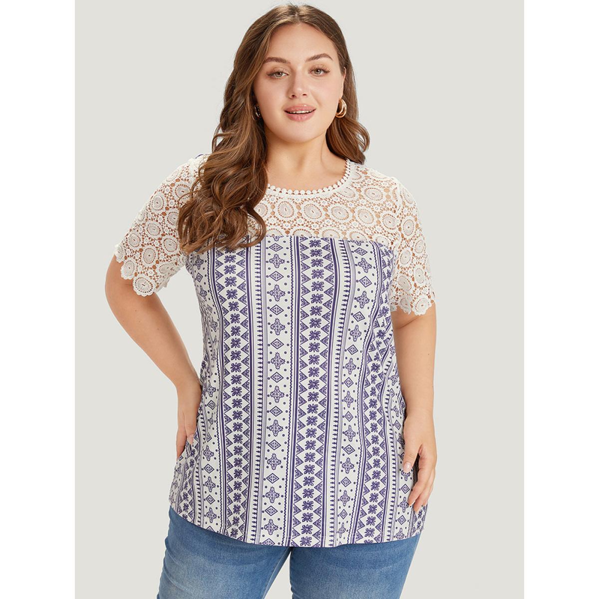 Plus Size Bandana Print Lace Patchwork Pompom Trim T-shirt DarkBlue Women Elegant Lace Bohemian Print Round Neck Dailywear T-shirts BloomChic 12/L Product Image