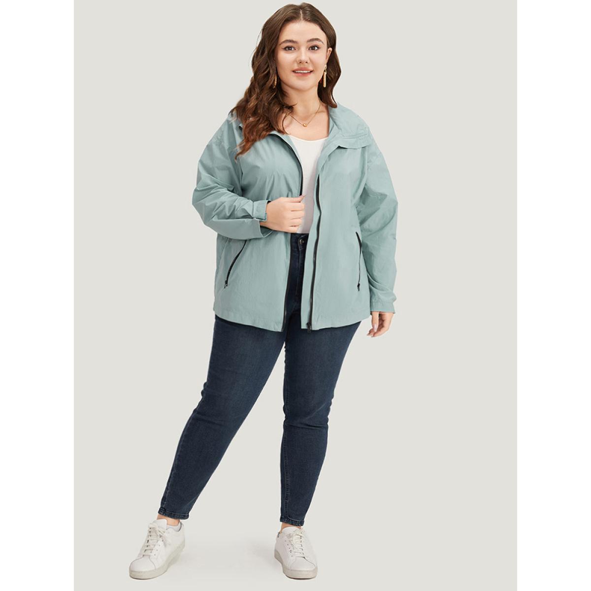 Plus Size Plain Hooded Pocket Zipper Fly Jacket Women SlateGray Plain Pocket Dailywear Jackets BloomChic 28/5X Product Image