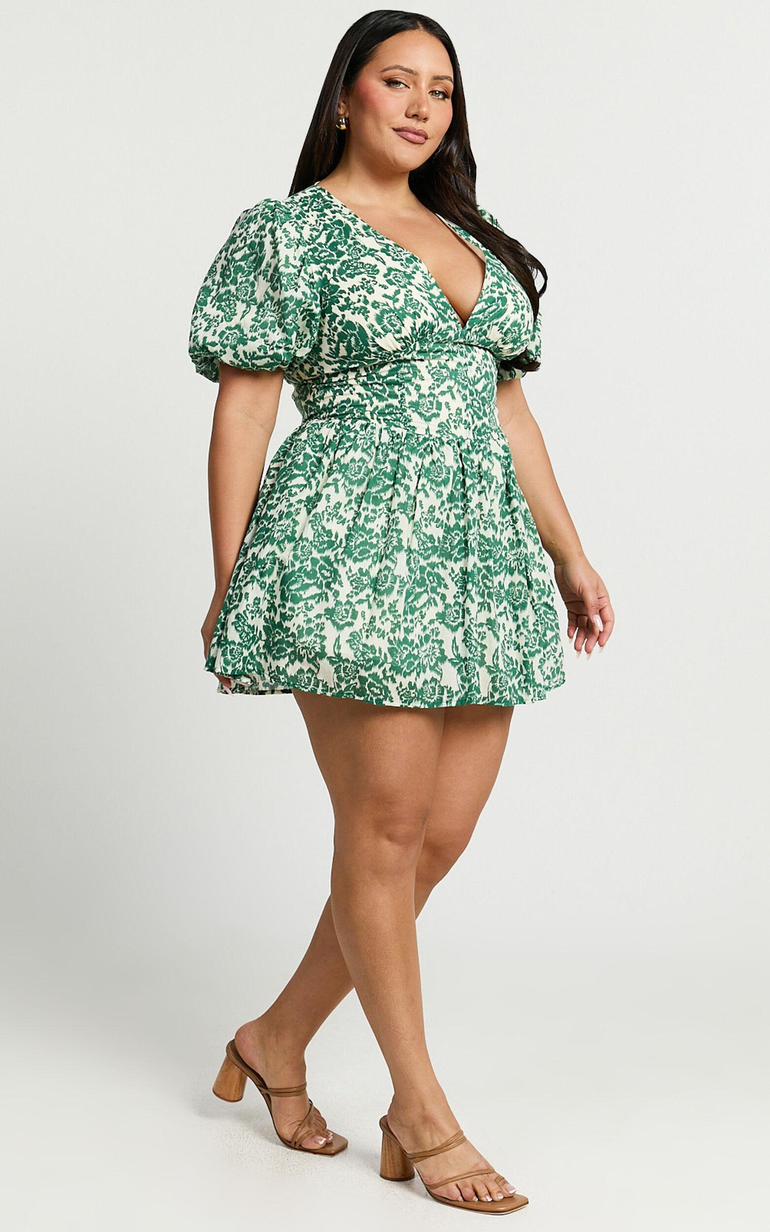 Nelli Mini Dress - Short Puff Sleeve Shirred Back Dress in Green Silhouette Product Image