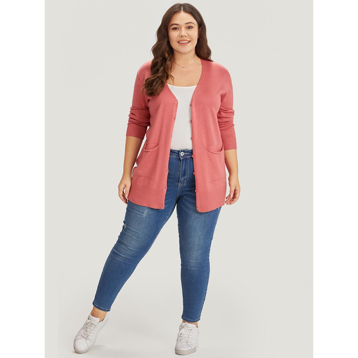 Plus Size Supersoft Essentials Solid Button Down Patched Pocket Cardigan Russet Women Casual Loose Long Sleeve Everyday Cardigans BloomChic 26/4X Product Image